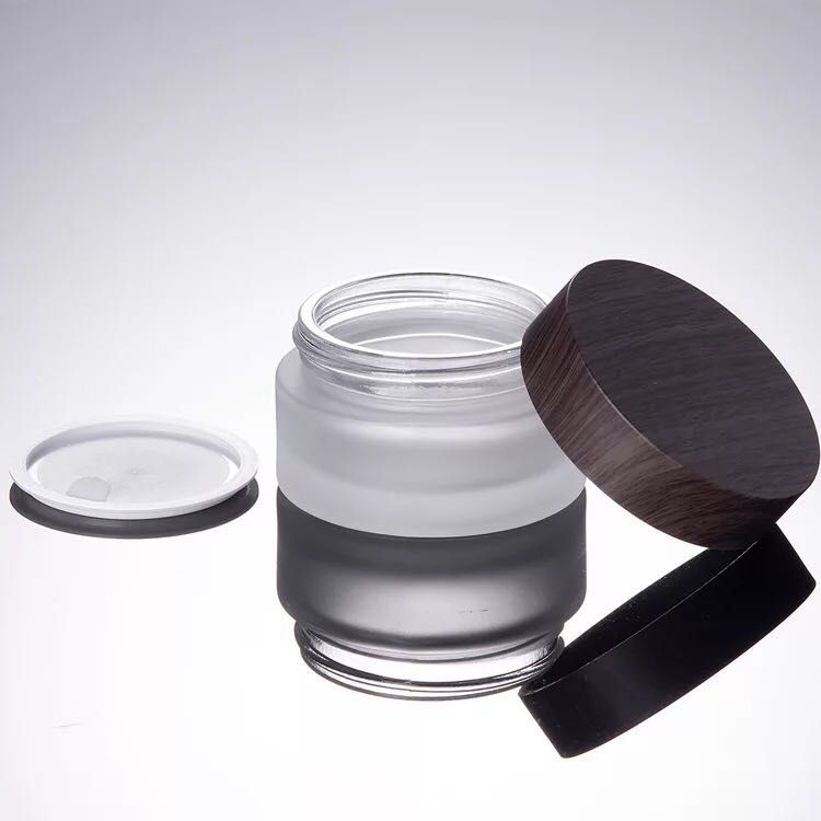 Wholesale Cosmetic Containers Frosted Clear Glass Cream Jar with wooden lid