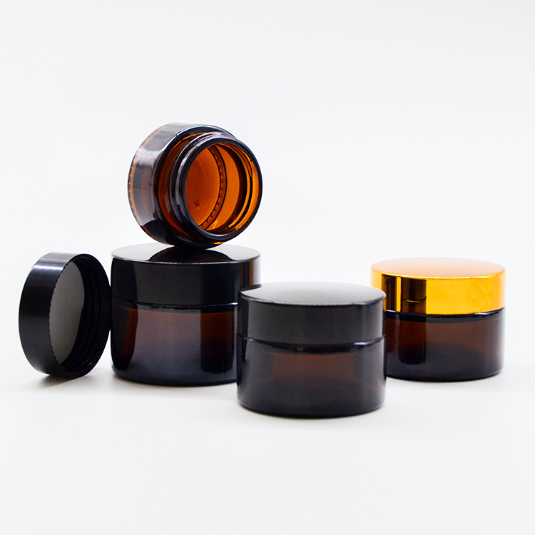 Wholesale Cosmetic Food Packaging 30ml 50ml 100ml Amber Black Glass Cosmetic Facial Cream Jar With Black Lid