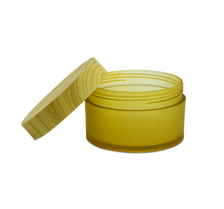 Wholesale Cosmetic Packaging Wide Mouth Yellow Body Scrub Butter Facial-pack Wooden Screw Cap Top Plastic Jar 200g