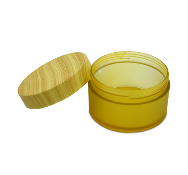 Wholesale Cosmetic Packaging Wide Mouth Yellow Body Scrub Butter Facial-pack Wooden Screw Cap Top Plastic Jar 200g