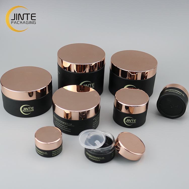 Wholesale Cosmetics Packaging Matt Black PETG Plastic Jar With Rose Gold Lid For Body Cream/Scrub/Hair 7oz