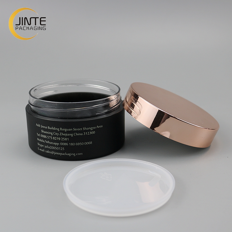 Wholesale Cosmetics Packaging Matt Black PETG Plastic Jar With Rose Gold Lid For Body Cream/Scrub/Hair 7oz
