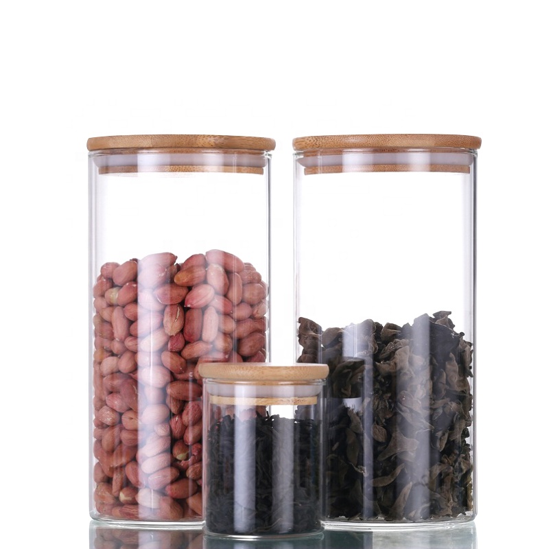 Wholesale Custom Clear Coffee Cookie Bamboo Cylinder Food Cute 100ml 200ml 250ml Borosilicate Fancy Glass Jar
