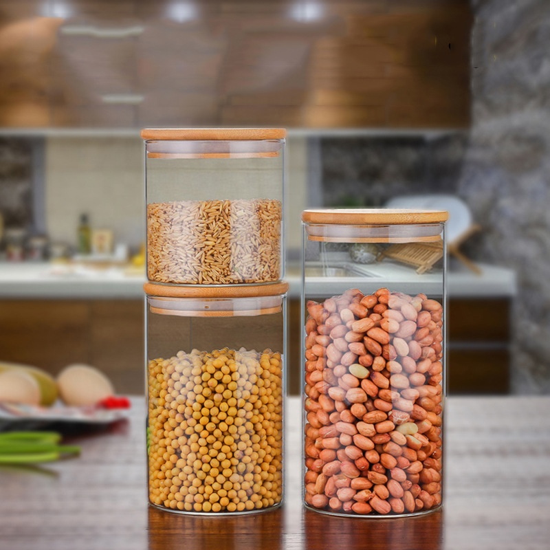 Wholesale Custom Clear Coffee Cookie Empty Food Airtight Storage Jars With Bamboo Lids Borosilicate Glass