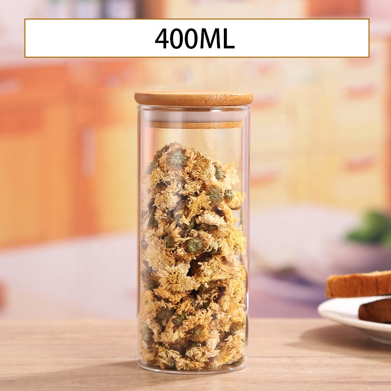 Wholesale Custom Clear Food Coffee Cookie Candy Bamboo Lid Wood Borosilicate Glass Jar Storage