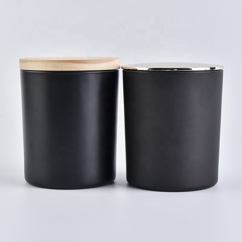 Wholesale Custom Empty 8oz Matte Black Glass Candle Holder With Bamboo Lids, Candle Jars With Wooden Lids Candle Jar