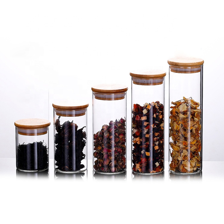 Wholesale Custom Empty Bamboo Lid Coffee Tea Jam Airtight Cylinder Tall Glass Jar For Kitchen