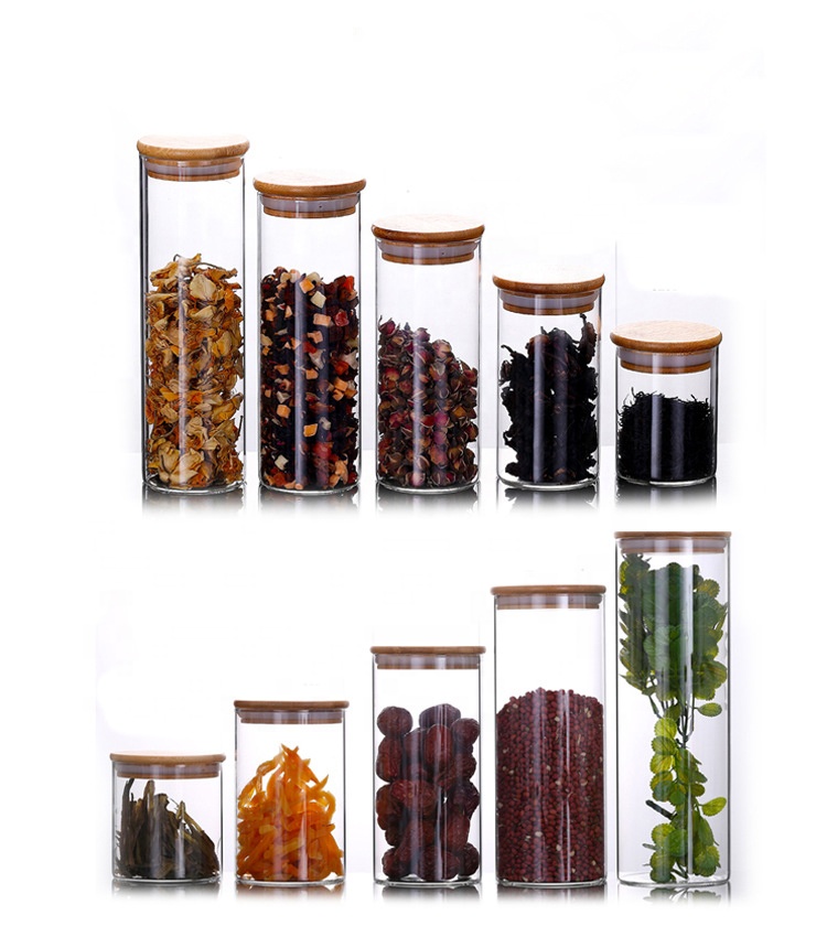 Wholesale Custom Empty Bamboo Lid Coffee Tea Jam Airtight Cylinder Tall Glass Jar For Kitchen