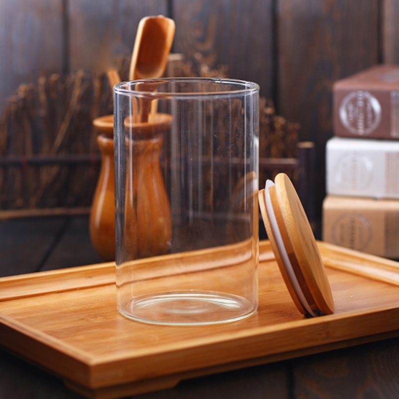 Wholesale Custom Empty Bamboo Lid Coffee Tea Jam Airtight Cylinder Tall Glass Jar For Kitchen