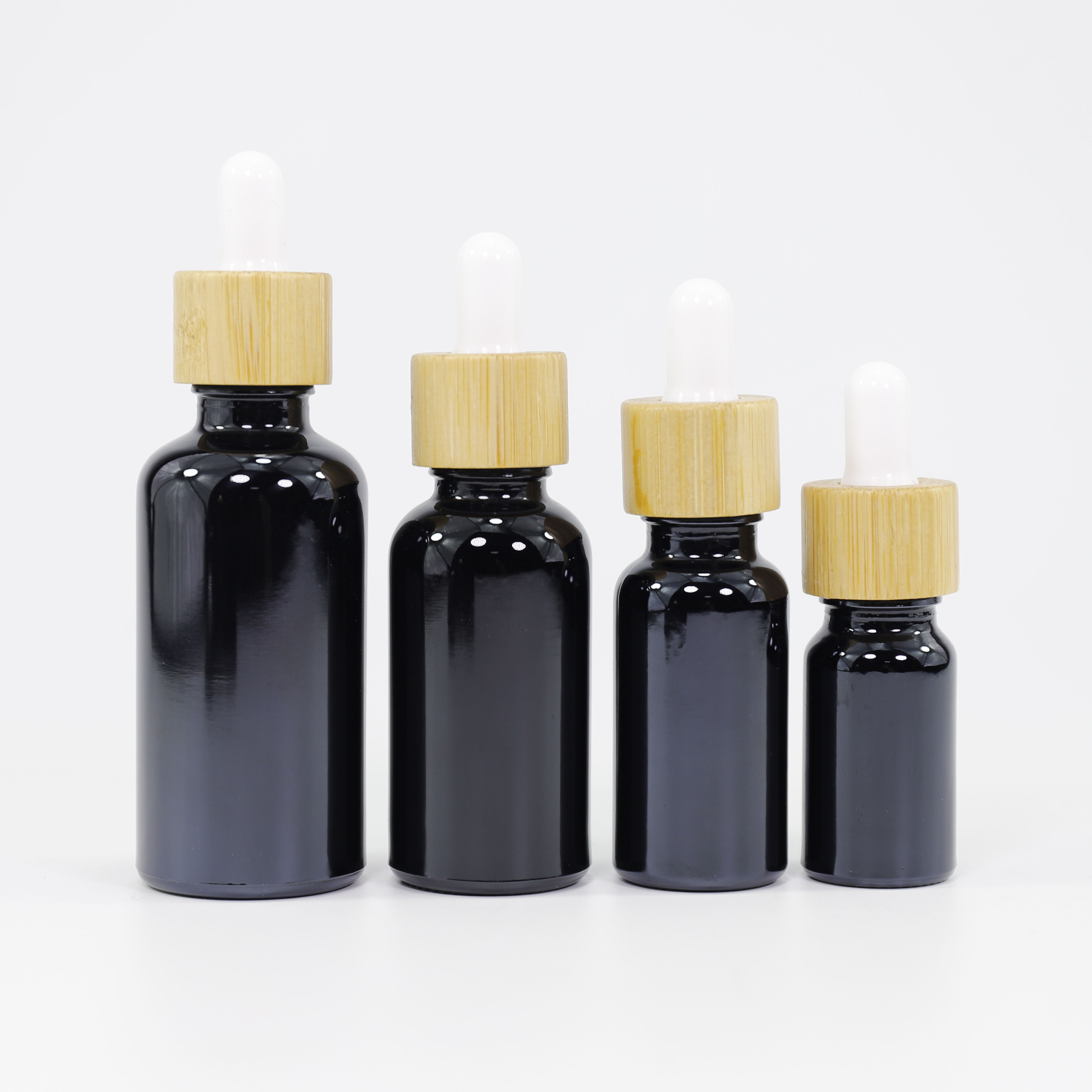 Wholesale Custom Empty Black Glass Essential Oil Bottle with Bamboo Lid