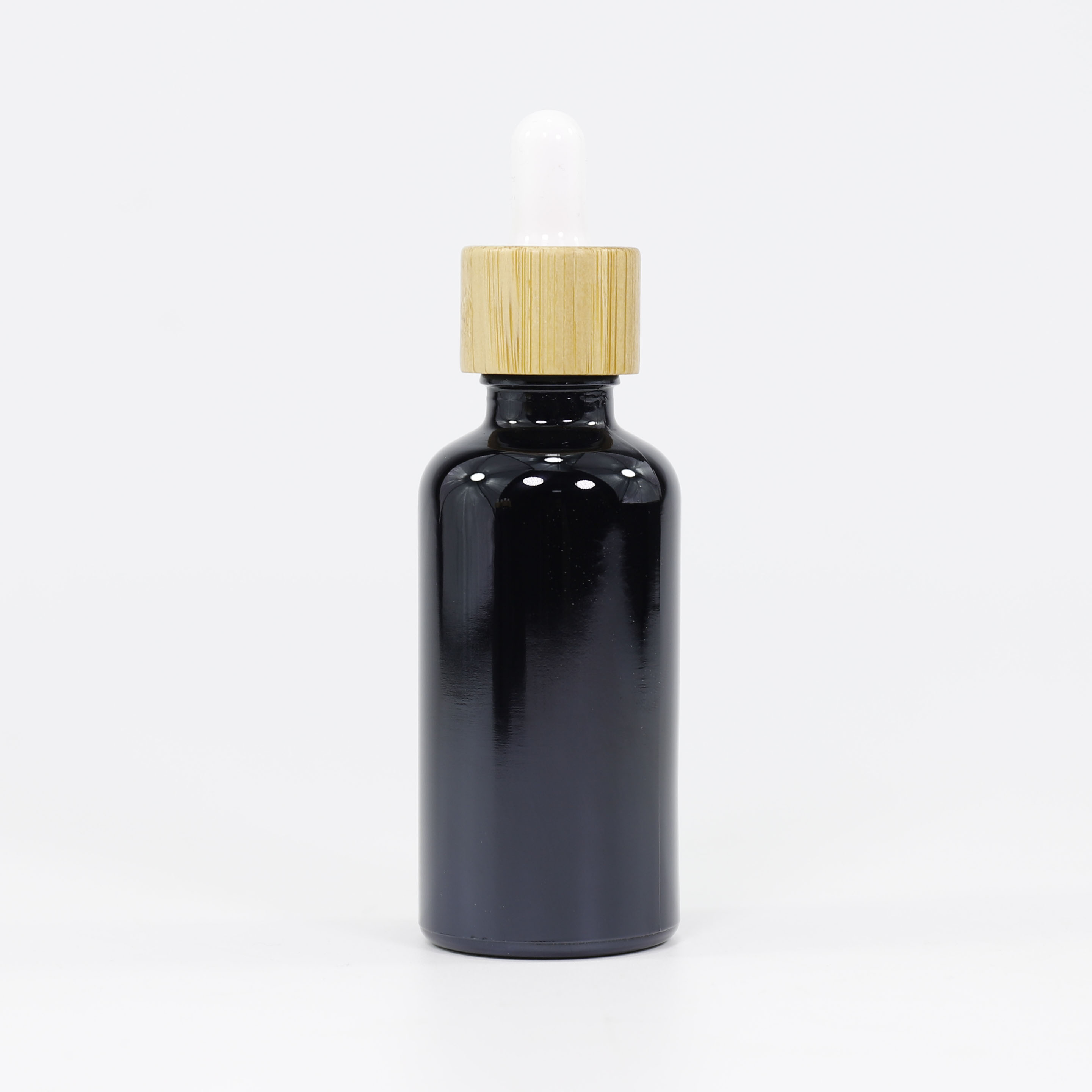 Wholesale Custom Empty Black Glass Essential Oil Bottle with Bamboo Lid