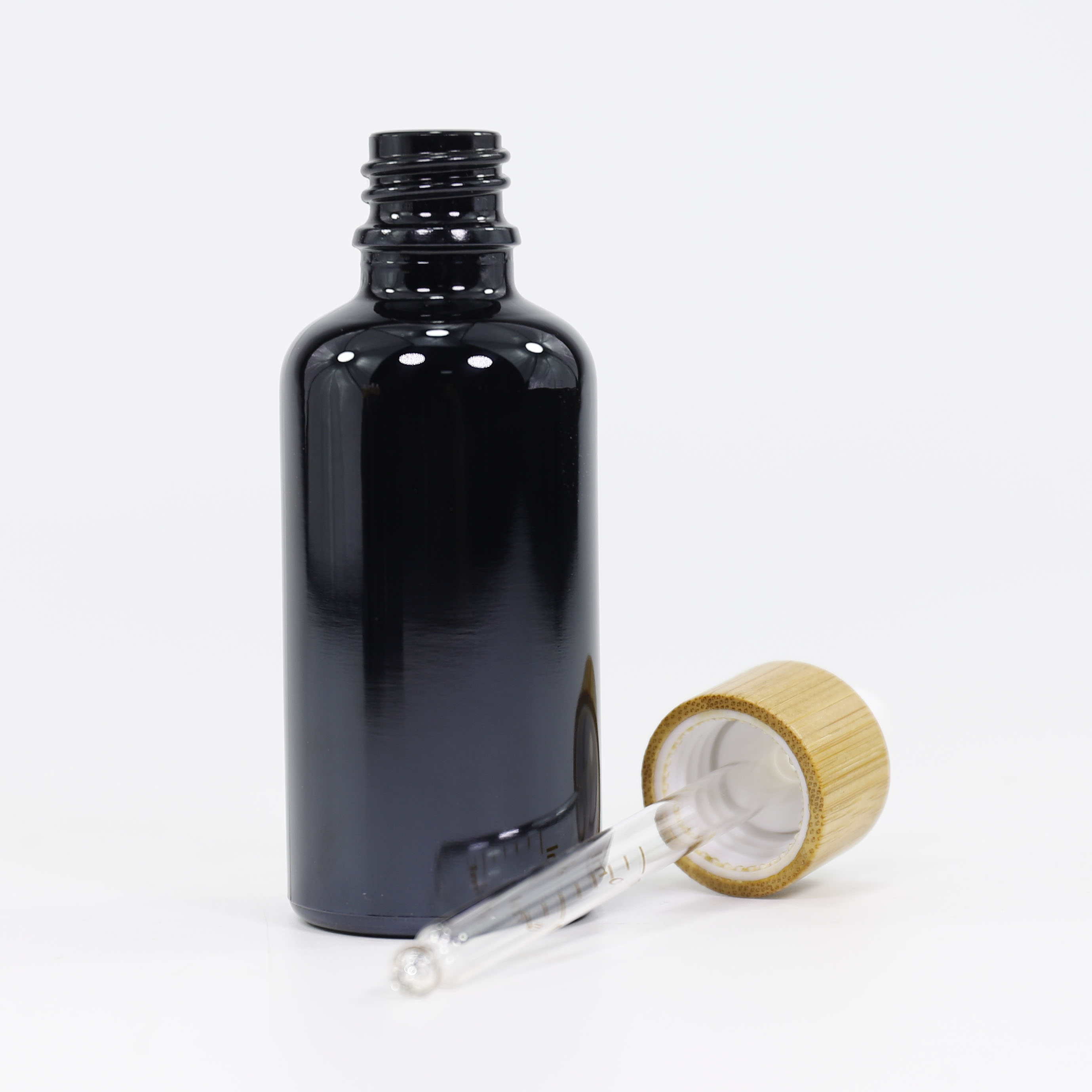 Wholesale Custom Empty Black Glass Essential Oil Bottle with Bamboo Lid