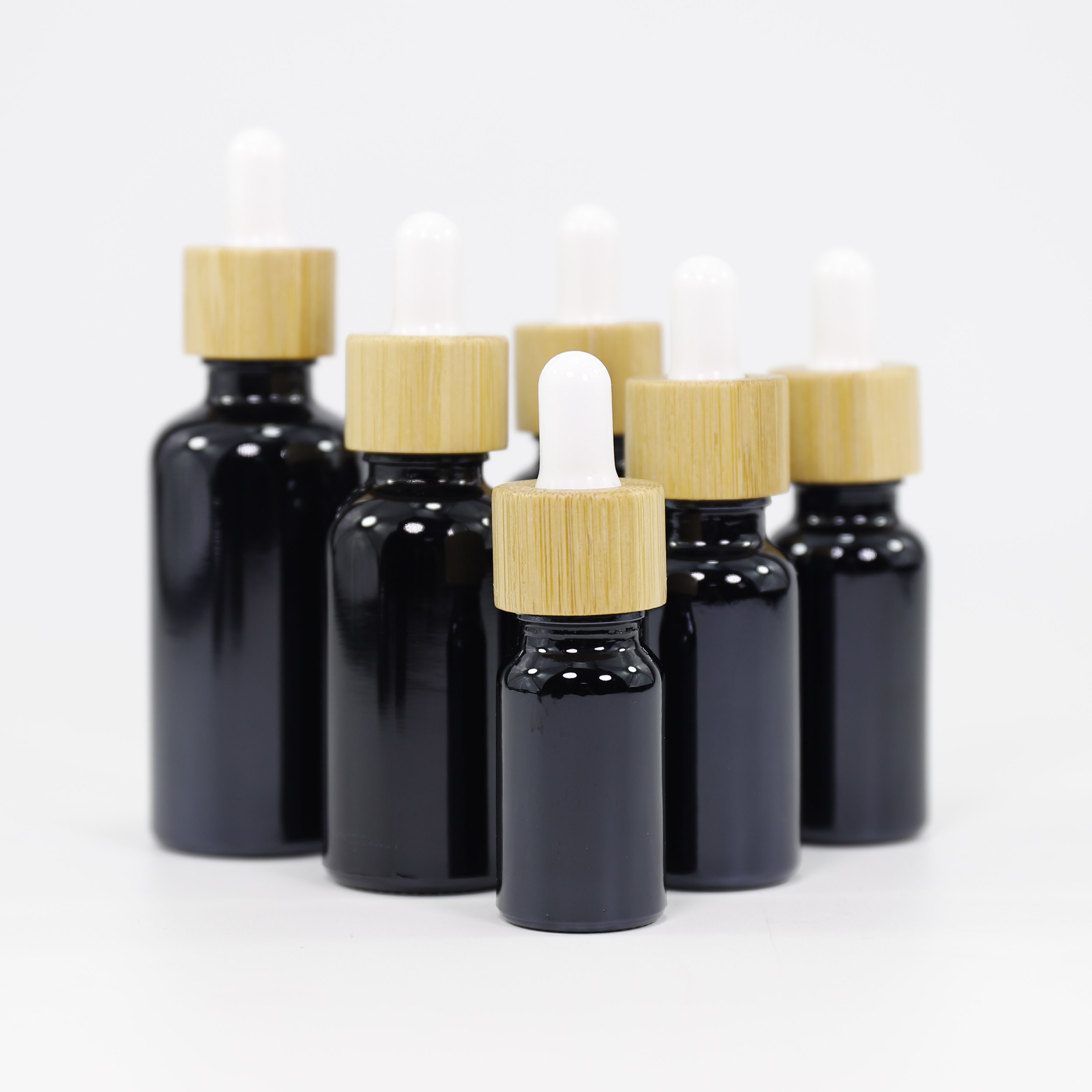 Wholesale Custom Empty Black Glass Essential Oil Bottle with Bamboo Lid