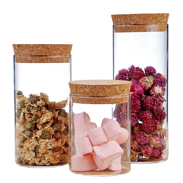 Wholesale Custom Empty Clear Coffee Food Storage Fancy Bottle Candy Cork Cylinder Glass Dessert Jars