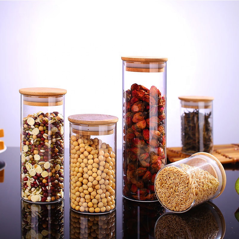 Wholesale Custom Empty Clear Food Storage Bamboo Lid Airtight Cylinder Glass Jar For Kitchen
