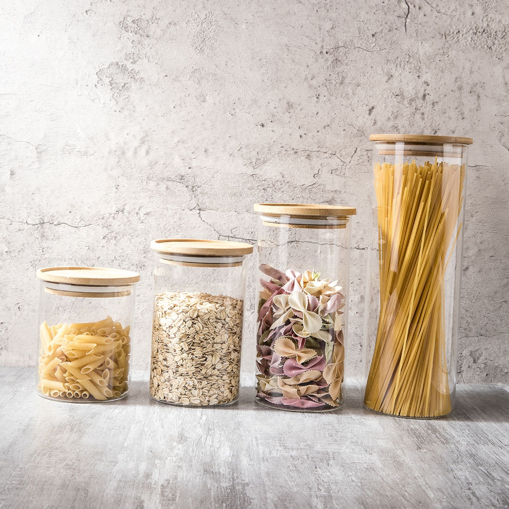 Wholesale Custom Empty Clear Food Storage Bamboo Lid Airtight Cylinder Glass Jar For Kitchen