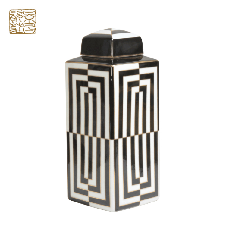Wholesale Custom Retro Black And White Pattern Ceramic Canister
