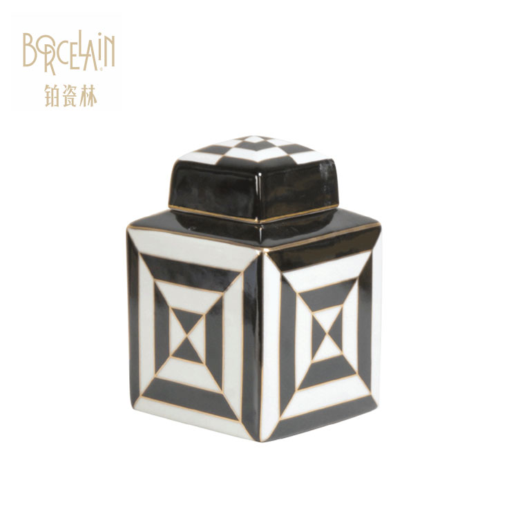 Wholesale Custom Retro Black And White Pattern Ceramic Canister