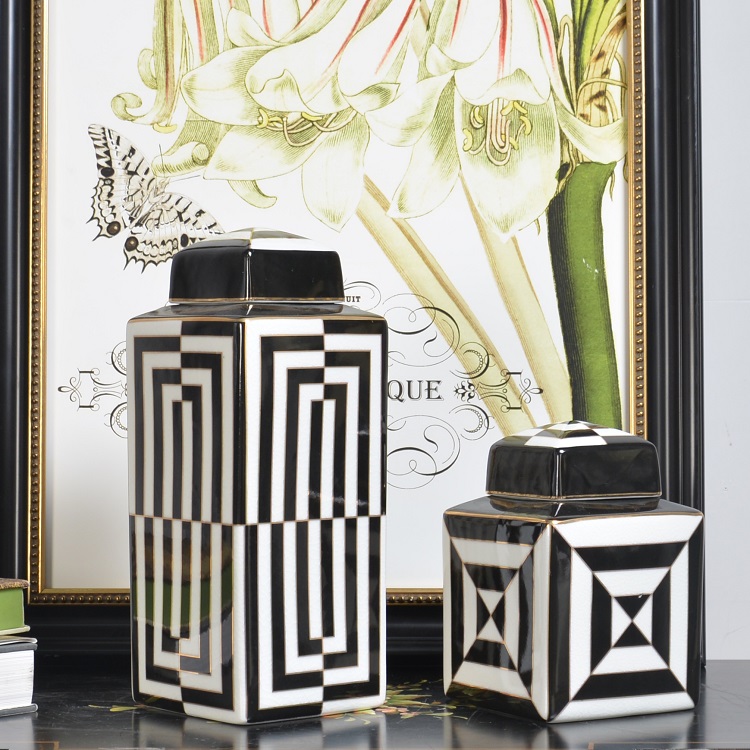 Wholesale Custom Retro Black And White Pattern Ceramic Canister