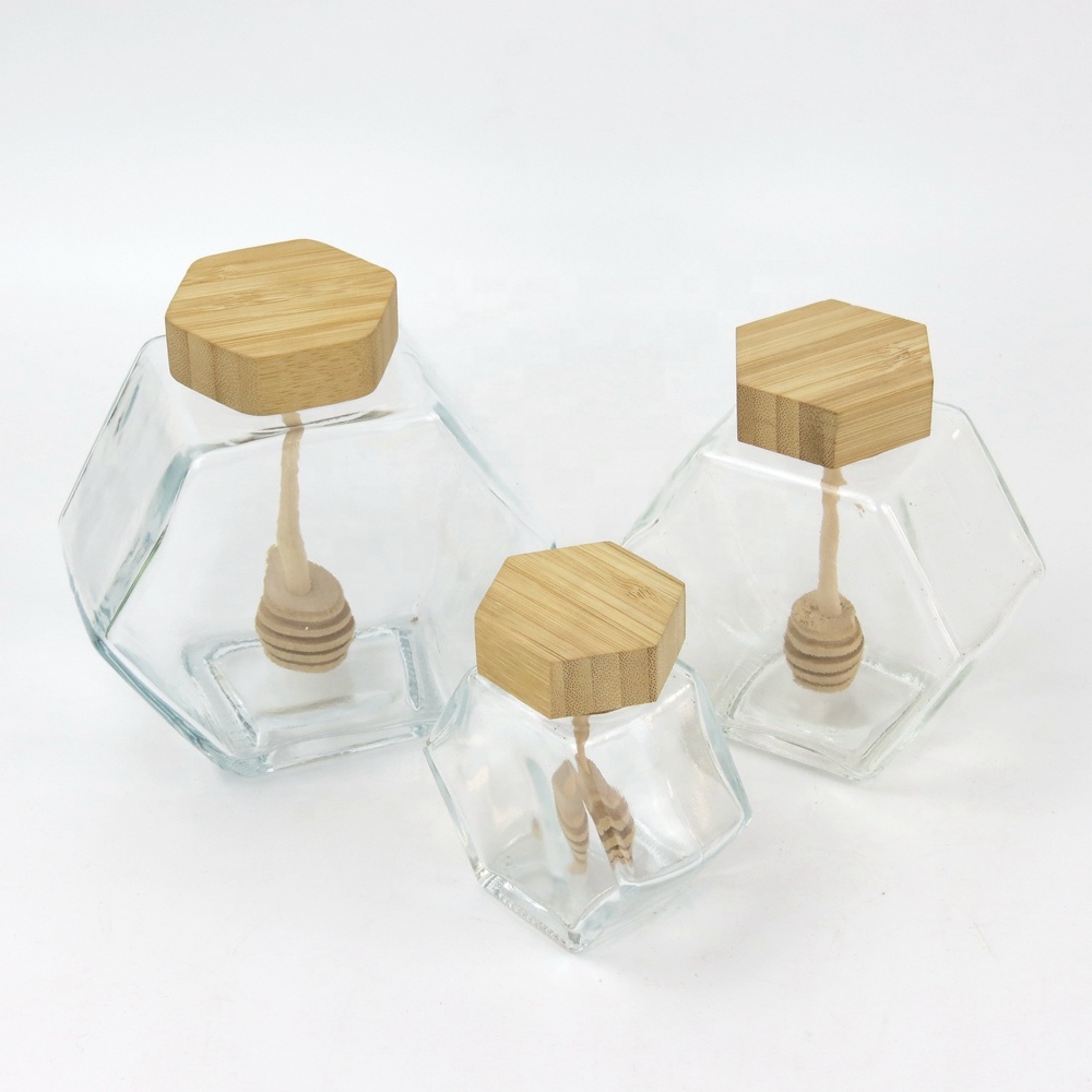 Wholesale Customized 100ml 220ml 380ml Empty Clear Hexagon Glass Honey Jars with Wooden Lid and Dipper