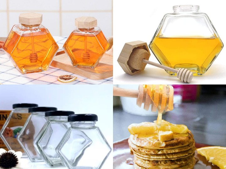 Wholesale Customized 100ml 220ml 380ml Empty Clear Hexagon Glass Honey Jars with Wooden Lid and Dipper