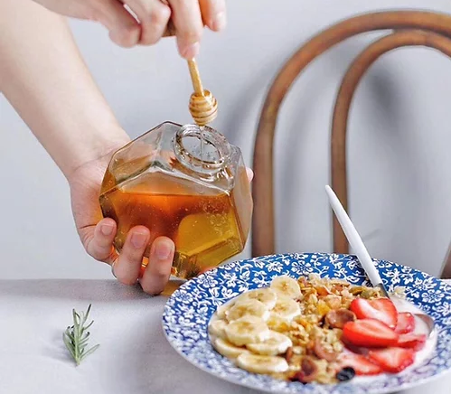 Wholesale Customized 100ml 220ml 380ml Empty Clear Hexagon Glass Honey Jars with Wooden Lid and Dipper