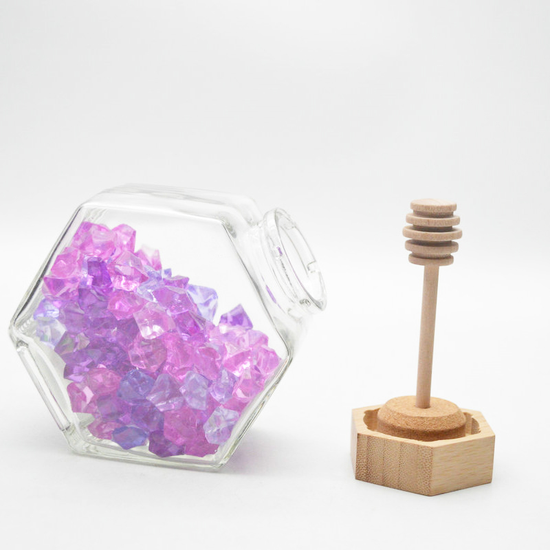 Wholesale Customized 230ml Empty Clear Hexagonal Honey Jar Glass with Wooden Lid and Dipper