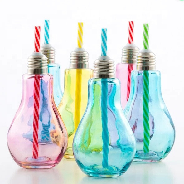 Wholesale Customized 360ml Clear Unique Machine Pressed Reusable Juice Water Beverage Light Bulb Drinking Glass With Straw