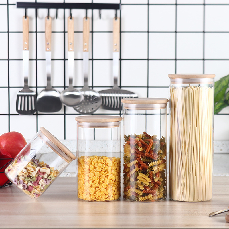 Wholesale Designer Custom Empty Bamboo Lid Cylinder Jam Airtight Glass Jar For Kitchen