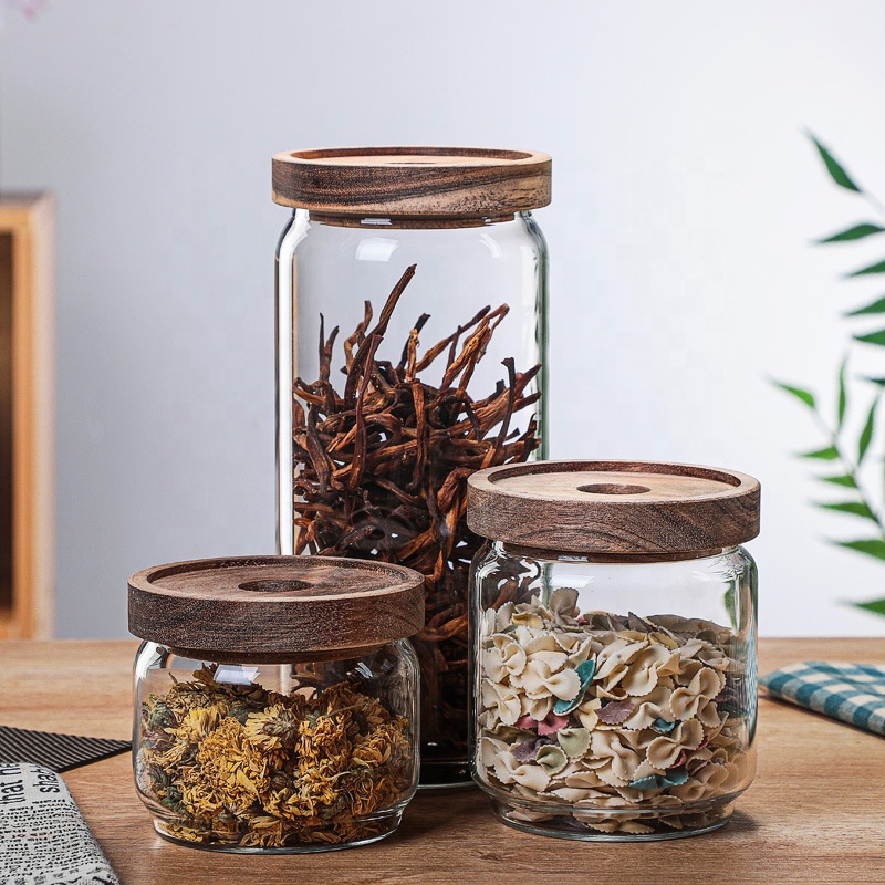 Wholesale Diameter Of 6.5cm Sealed Glass Storage Jar With Acacia Wood Lid For The Kitchen
