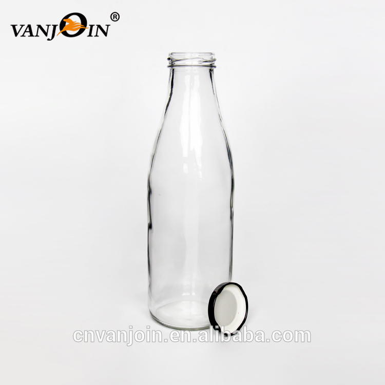 Wholesale Empty 1000ml 1 Liter Clear Glass Banana Flavored Milk Round Glass Bottle With Lug Cap