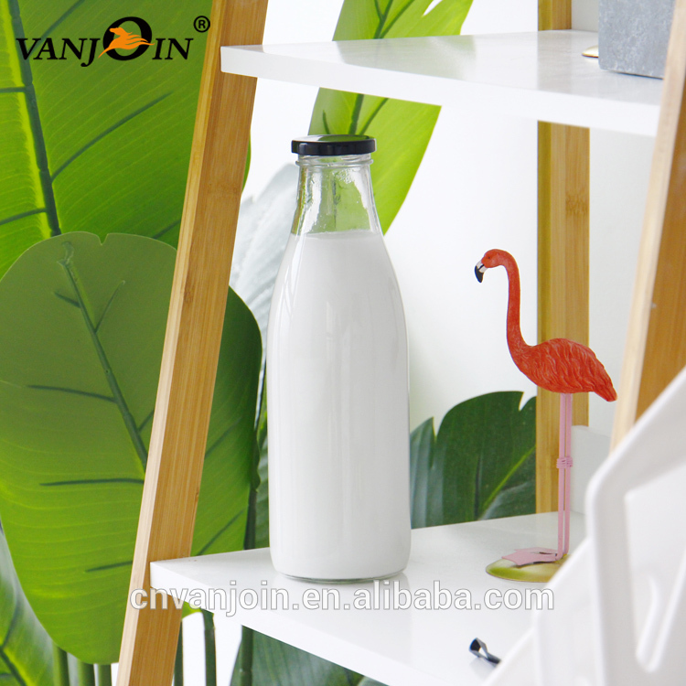 Wholesale Empty 1000ml 1 Liter Clear Glass Banana Flavored Milk Round Glass Bottle With Lug Cap