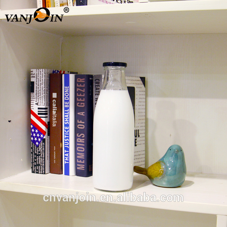 Wholesale Empty 1000ml 1 Liter Clear Glass Banana Flavored Milk Round Glass Bottle With Lug Cap