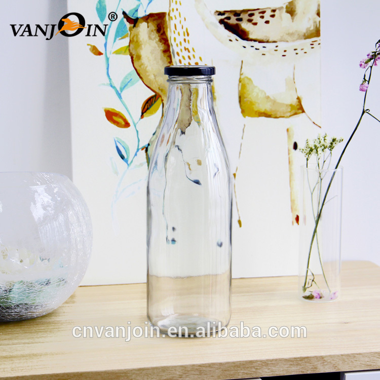 Wholesale Empty 1000ml 1 Liter Clear Glass Banana Flavored Milk Round Glass Bottle With Lug Cap