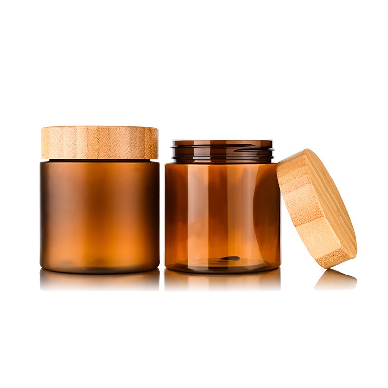 Wholesale Empty 150ml 250ml Face Cream Jar Bright Frosted Amber Cosmetic Container PET Plastic Cream Jar with Bamboo Lid
