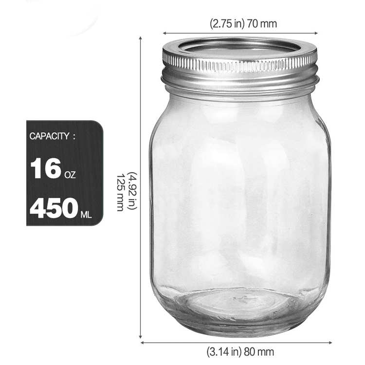 Wholesale Empty 16oz 480ml Round Glass Mason Jar with 70mm Metal Screw Cap