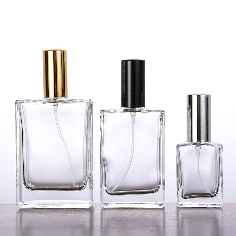 Wholesale Empty 30ml 50ml 100ml Square Shape Spray transparent glass perfume bottle with spray mist cap