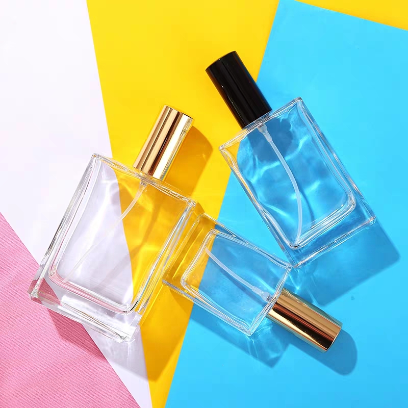 Wholesale Empty 30ml 50ml 100ml Square Shape Spray transparent glass perfume bottle with spray mist cap