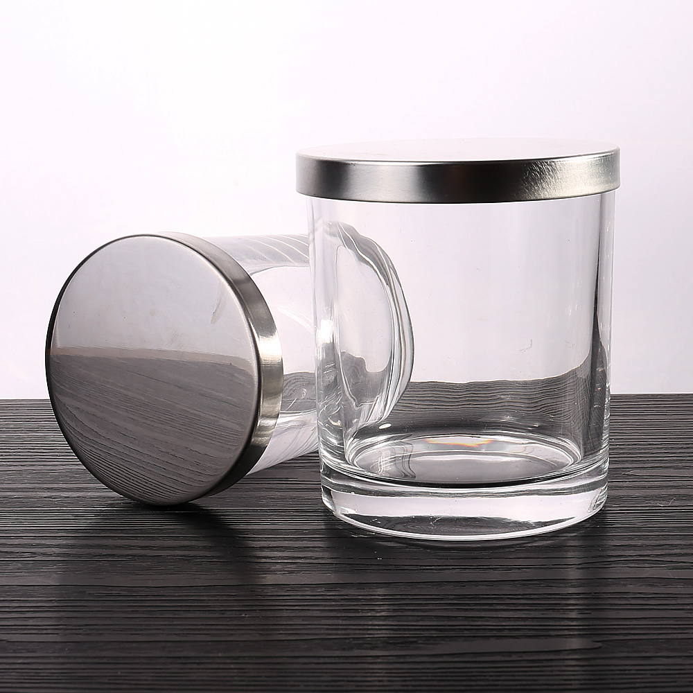 Wholesale Empty Airtight Clear Storage Canister Glass Candle Jar with Silver Flat Lid