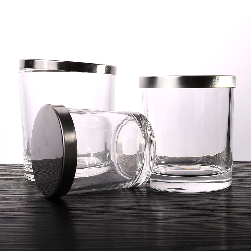 Wholesale Empty Airtight Clear Storage Canister Glass Candle Jar with Silver Flat Lid