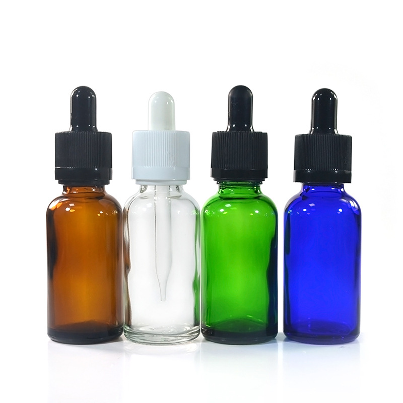 Wholesale Empty Blue Green Amber Transparent Clear Glass Essential Oil Glass Dropper Bottle With Bamboo Dropper