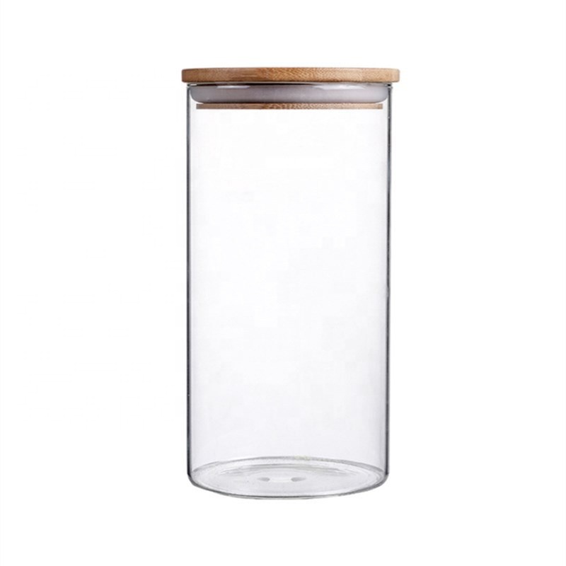 Wholesale Empty Food Grade Airtight Tall Spice Tea Stash Container Tube Bamboo Lid Kitchen Glass Jars Storage