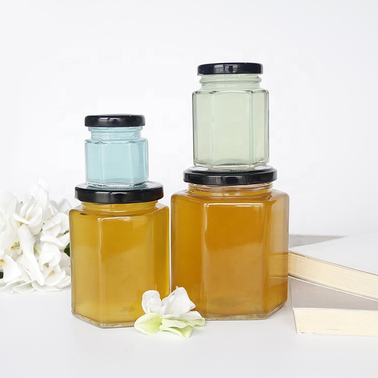 Wholesale Empty Hexagonal Glass Honey Container Honey Storage Bottle Glass Honey Jar With Matel Lid