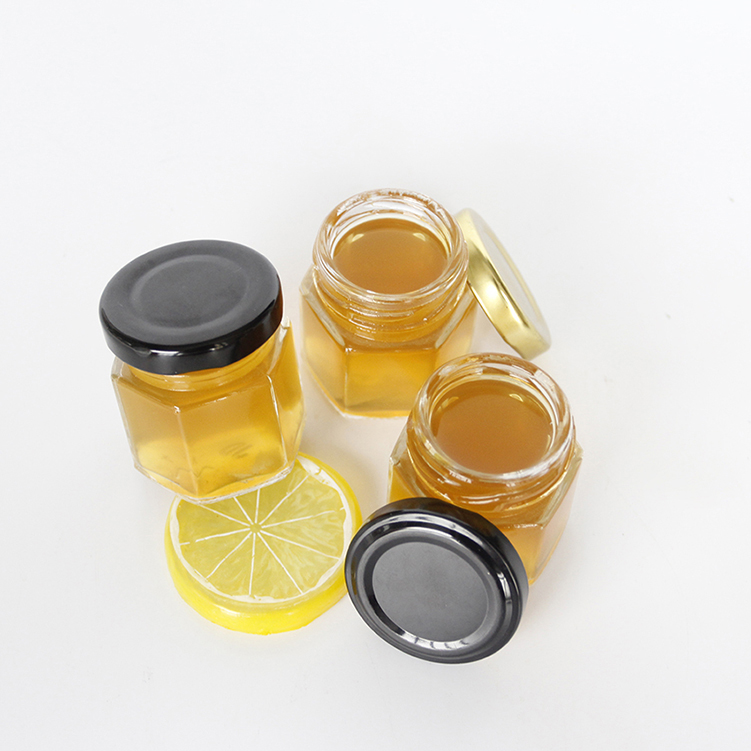 Wholesale Empty Kitchen Storage Hex Canning Glass Honey Jam Jars With Black Lined Lids