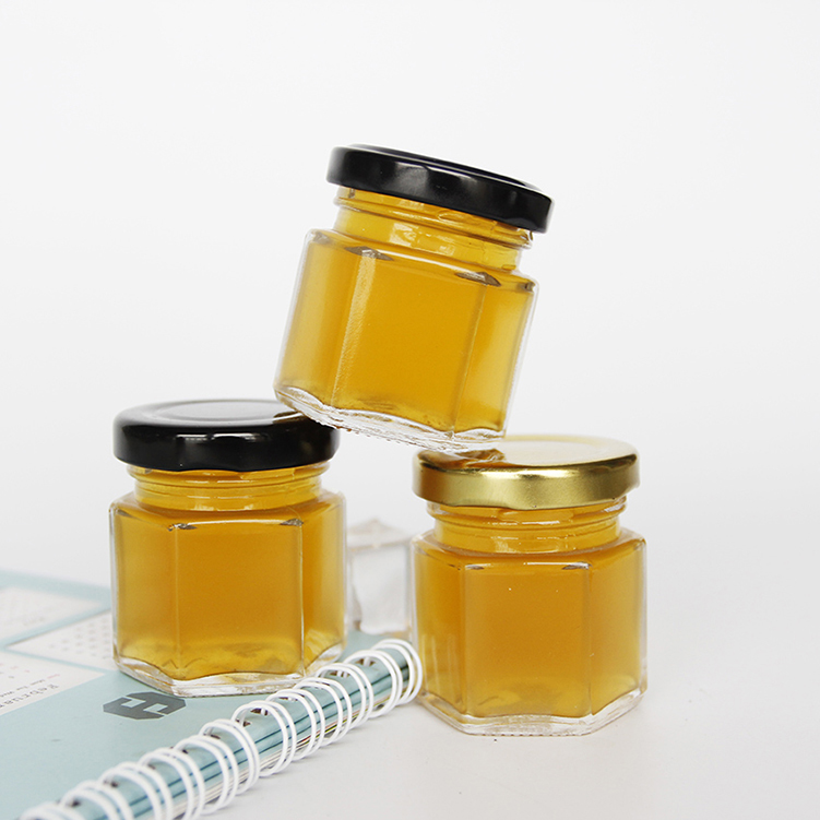 Wholesale Empty Kitchen Storage Hex Canning Glass Honey Jam Jars With Black Lined Lids