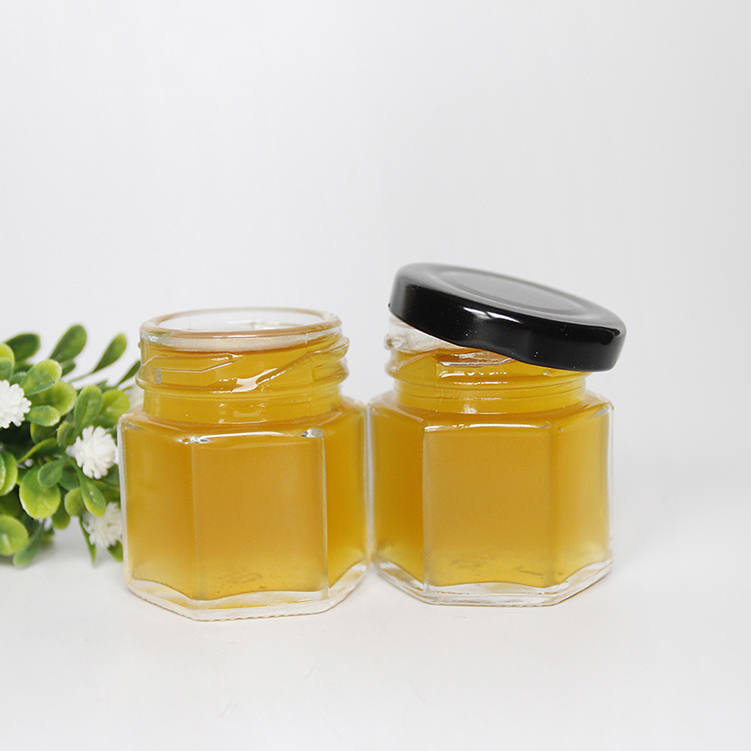 Wholesale Empty Kitchen Storage Hex Canning Glass Honey Jam Jars With Black Lined Lids