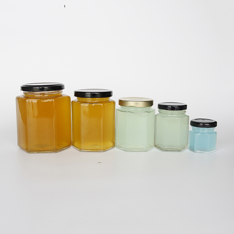 Wholesale Empty Kitchen Storage Hex Canning Glass Honey Jam Jars With Black Lined Lids