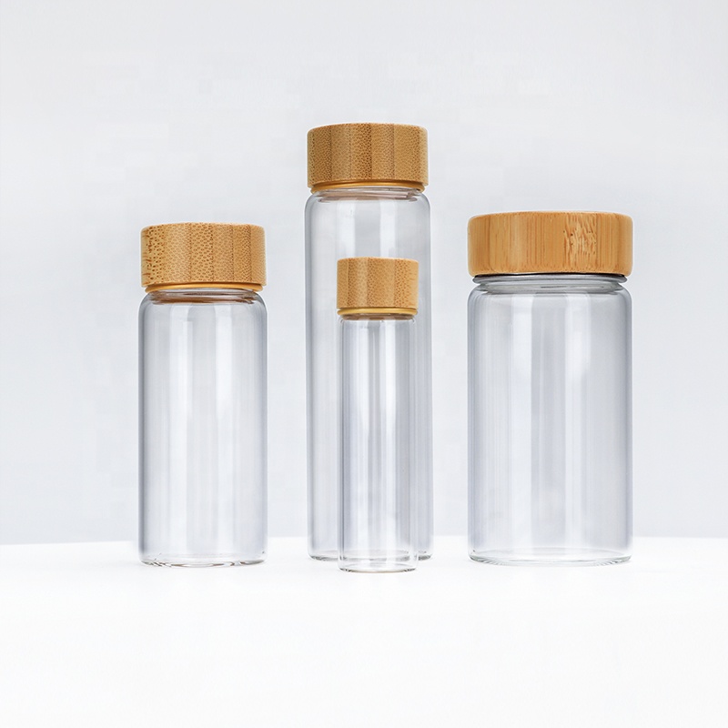 Wholesale Empty Small Glass Bottle 10ml 20ml 30ml 50ml Borosilicate Clear Tube Bottle Glass Bamboo Screw Cap Glass Bottle