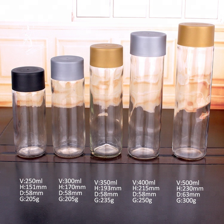 Wholesale Empty clear 500ml 400ml 350ml 300ml 250ml cylinder glass water bottle with plastic screw lid