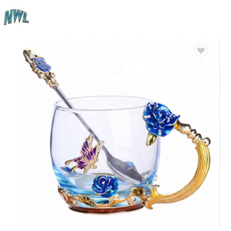 Wholesale Enamel Printed Flower Design Glass Rose Water Tea Cup